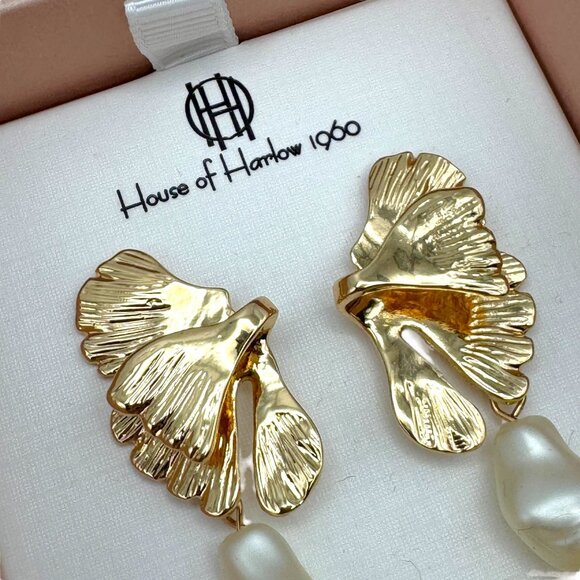 House Of Harlow 1960 Gold Pearl Drop Earrings Nickel Free Jewelry Bridal Bride - Picture 2 of 8